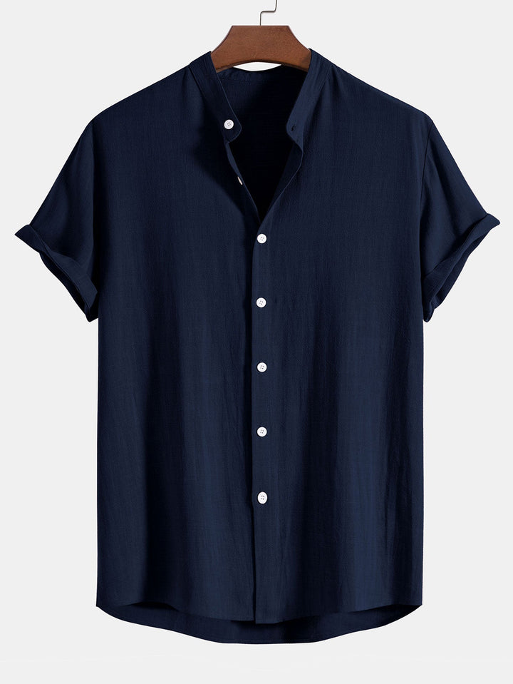 Linen And Rayon Blend Stand Collar Shirt & Straight Leg Linen Pants