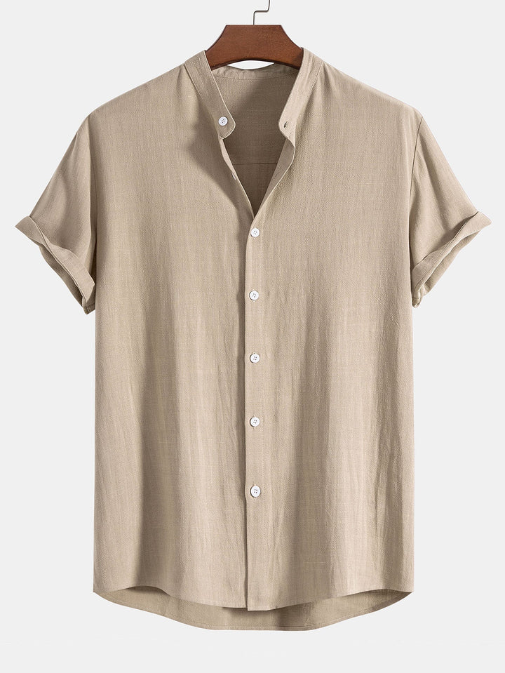 Linen And Rayon Blend Stand Collar Shirt & Straight Leg Linen Pants