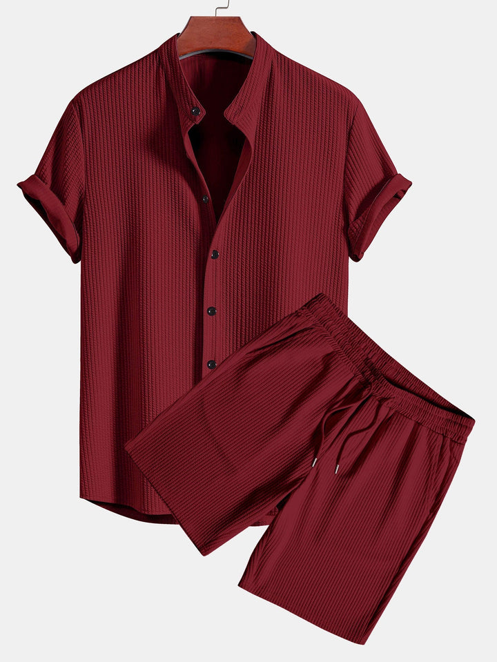 Muscle Fit Ribbed Stand Collar Shirt & Shorts
