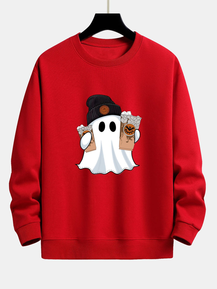 Halloween Ghost Coffee Print Relax Fit Sweatshirt