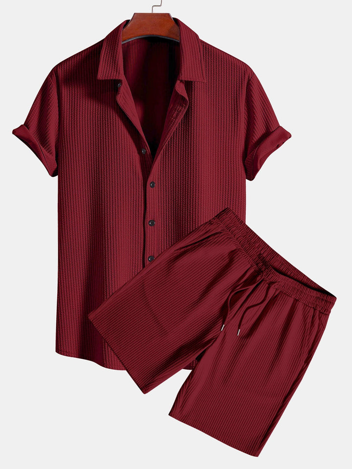 Muscle Fit Ribbed Button Up Shirt & Shorts