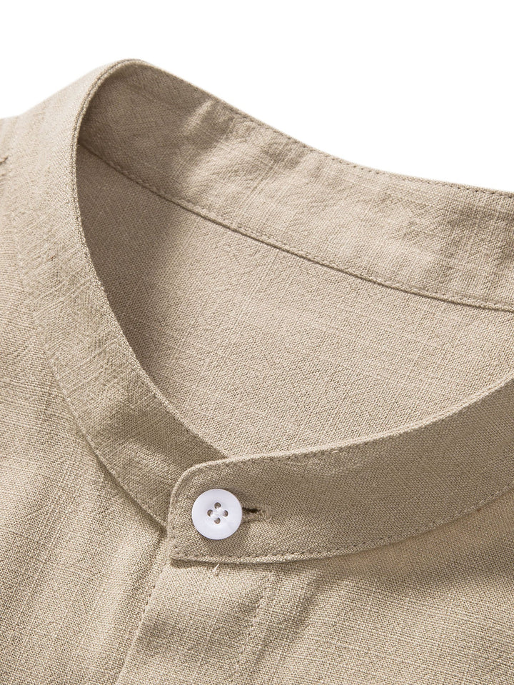 Linen And Rayon Blend Stand Collar Shirt & Straight Leg Linen Pants