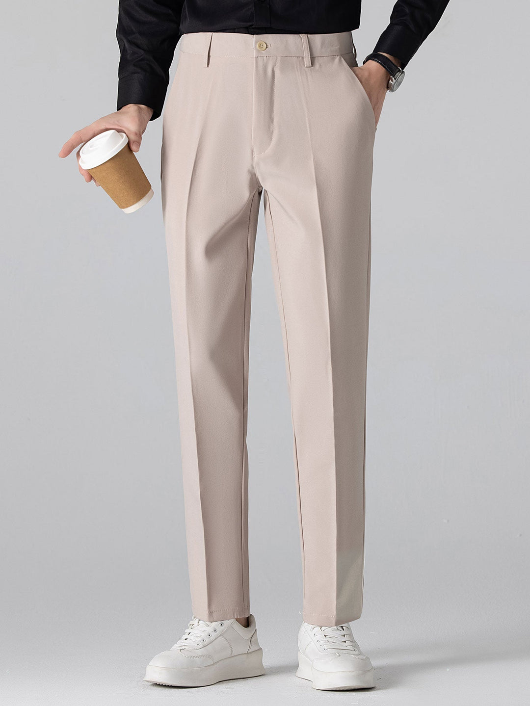 Texture Contrast Knitted V Neck Polo Shirt & Slim Fit Tapered Trousers