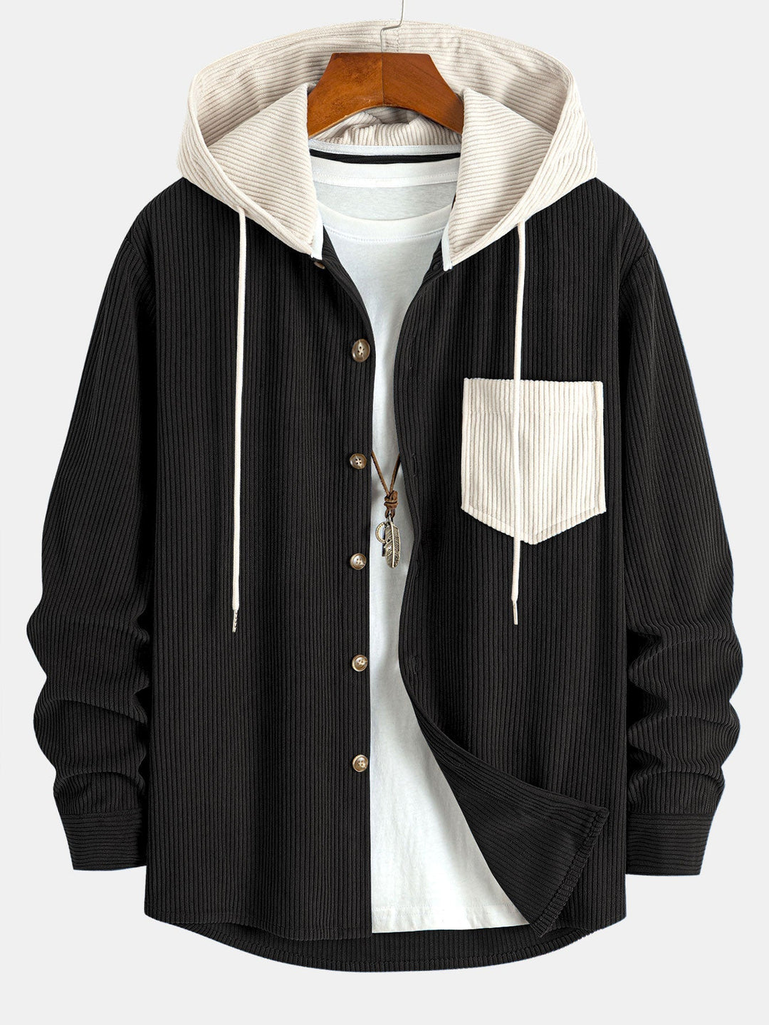 Long Sleeved Contrast Corduroy Hooded Shirt & Straight Leg Corduroy Pants