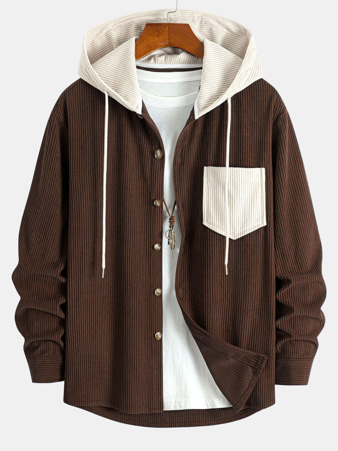 Long Sleeved Contrast Corduroy Hooded Shirt & Straight Leg Corduroy Pants