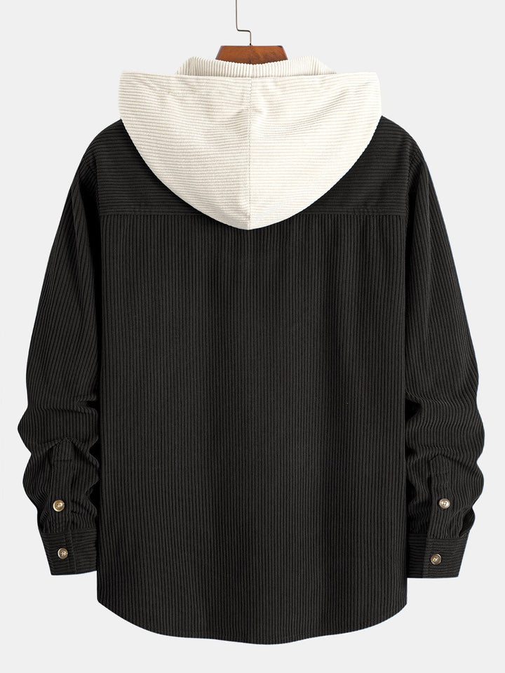 Long Sleeved Contrast Corduroy Hooded Shirt & Straight Leg Corduroy Pants