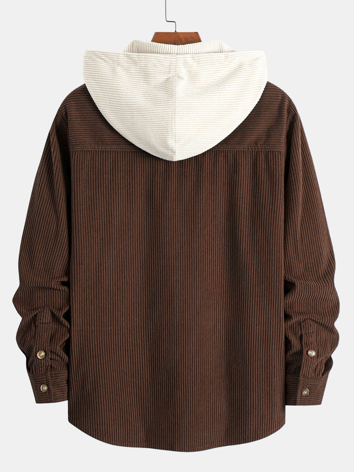 Long Sleeved Contrast Corduroy Hooded Shirt & Straight Leg Corduroy Pants