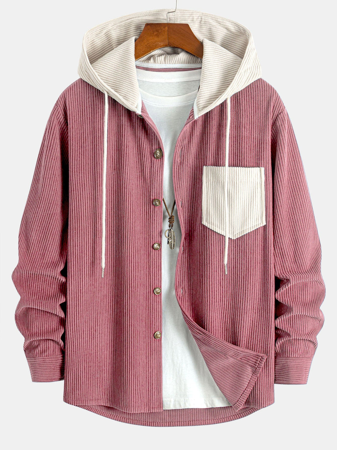 Long Sleeved Contrast Corduroy Hooded Shirt