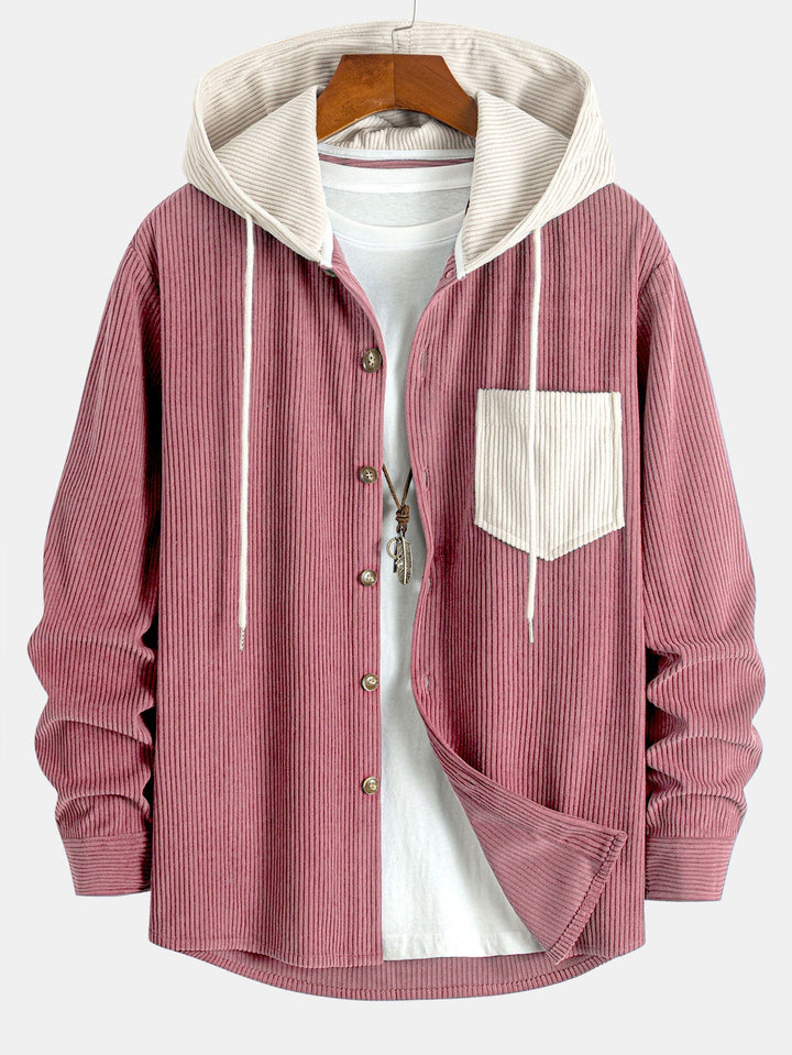 Long Sleeved Contrast Corduroy Hooded Shirt & Straight Leg Corduroy Pants