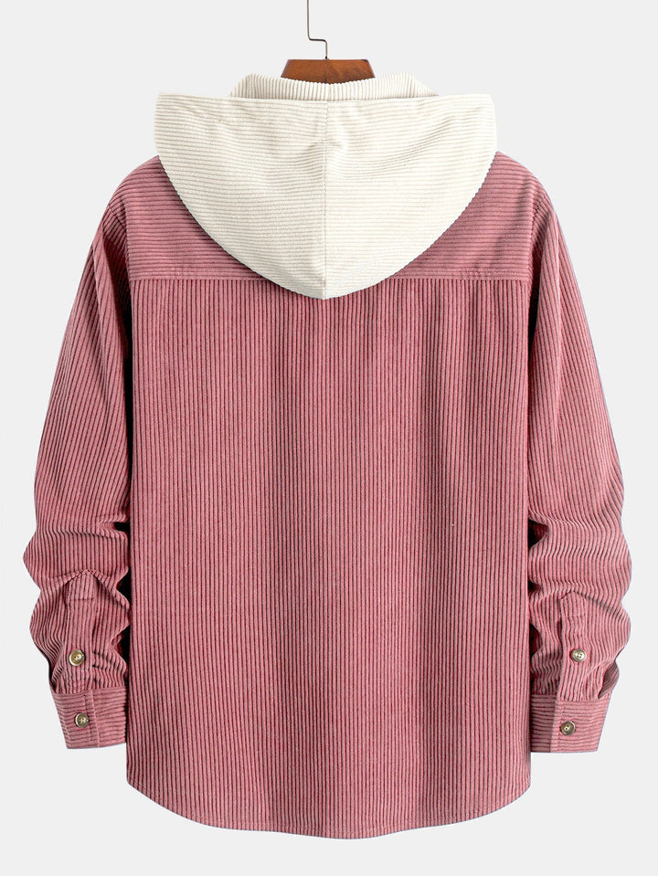Long Sleeved Contrast Corduroy Hooded Shirt & Straight Leg Corduroy Pants