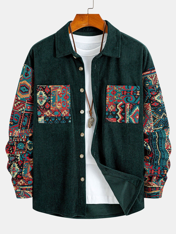 Ethnic Geometric Jacquard Patchwork Corduroy Shirt