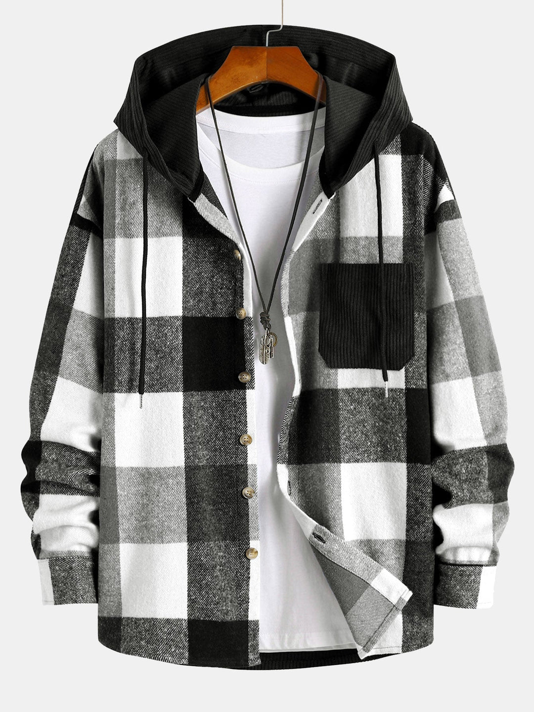 Relax Fit Flannel Plaid Corduroy Patchwork Hooded Shirt & Straight Leg Corduroy Pants