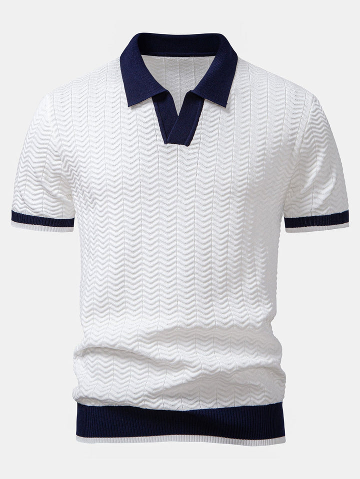 Texture Contrast Knitted V Neck Polo Shirt & Slim Fit Tapered Trousers
