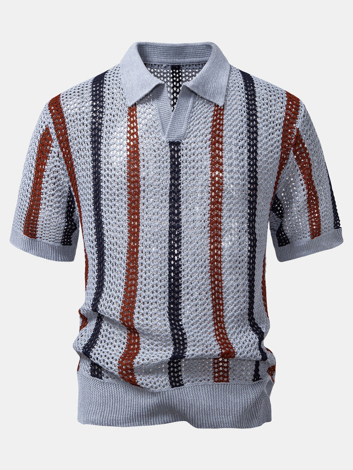 Striped Crochet V Neck Polo & Straight Leg Linen Pants