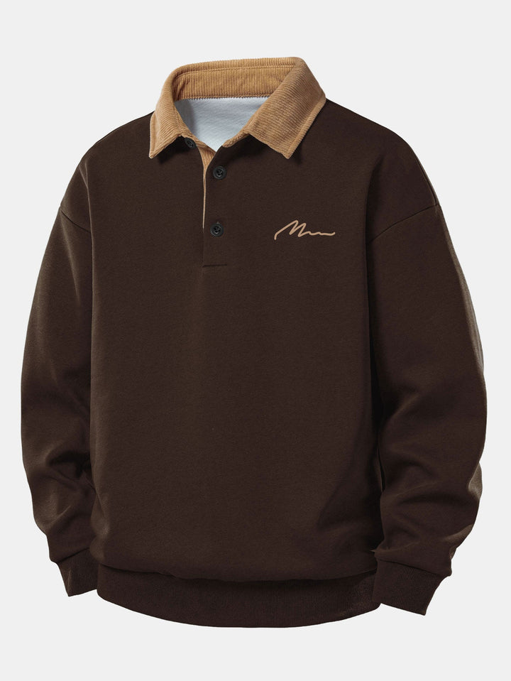Relax Fit Men Print Contrast Corduroy Polo Collar Sweatshirt