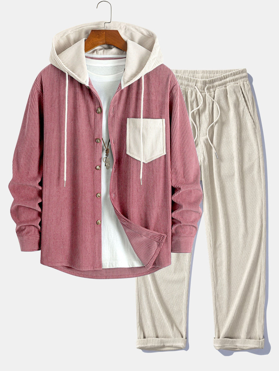 Long Sleeved Contrast Corduroy Hooded Shirt & Straight Leg Corduroy Pants