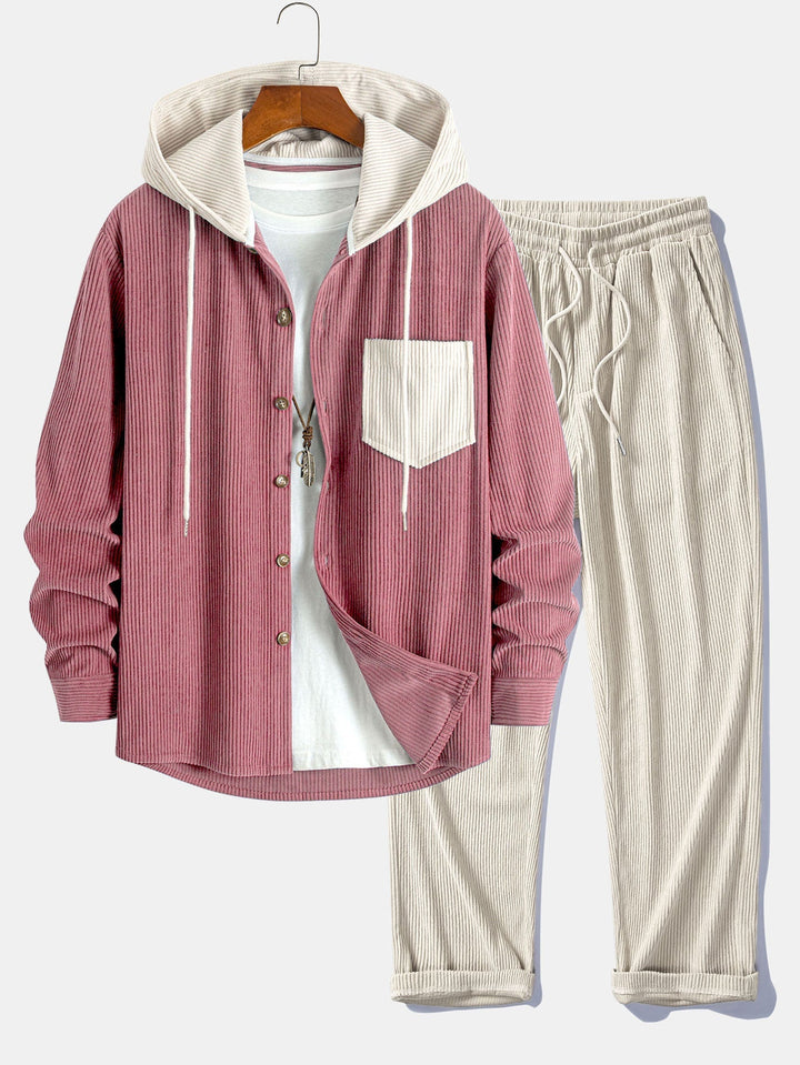Long Sleeved Contrast Corduroy Hooded Shirt & Straight Leg Corduroy Pants