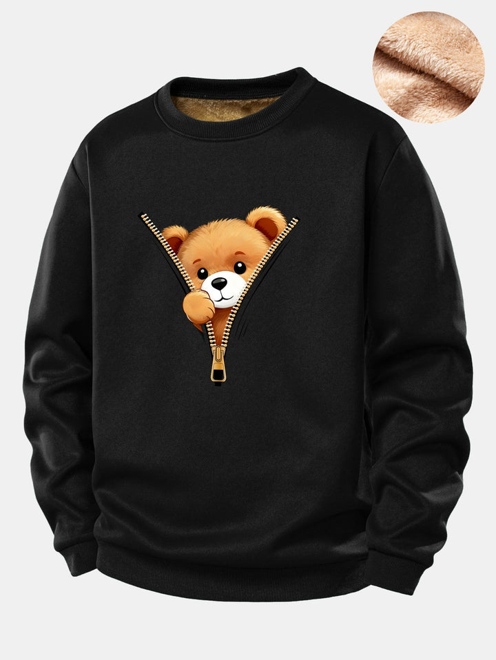 Zipper Bear Print Teddy Fleece Lined Sweatshirt