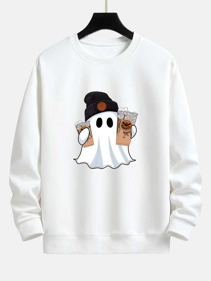 Halloween Ghost Coffee Print Relax Fit Sweatshirt