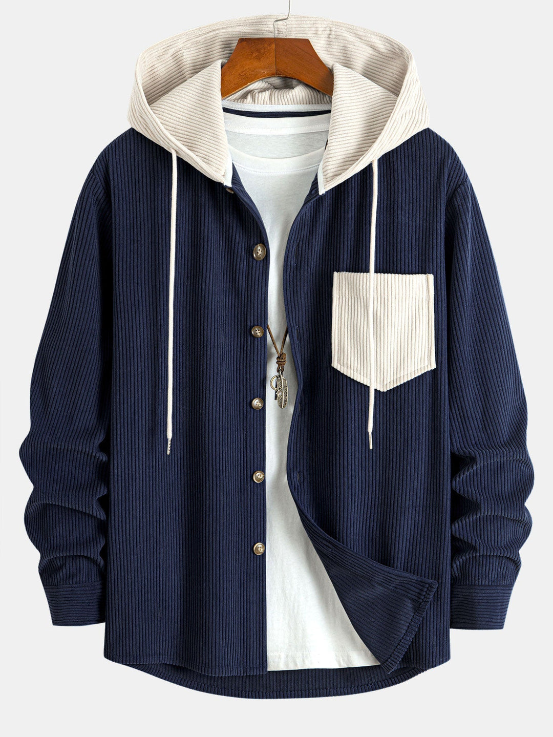 Long Sleeved Contrast Corduroy Hooded Shirt & Straight Leg Corduroy Pants