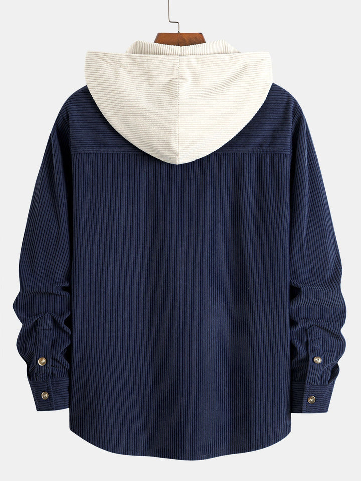 Long Sleeved Contrast Corduroy Hooded Shirt & Straight Leg Corduroy Pants