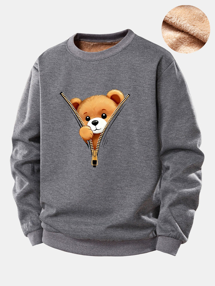 Zipper Bear Print Teddy Fleece Lined Sweatshirt