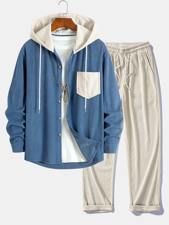 Long Sleeved Contrast Corduroy Hooded Shirt & Straight Leg Corduroy Pants