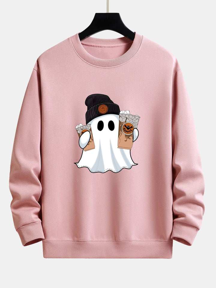 Halloween Ghost Coffee Print Relax Fit Sweatshirt
