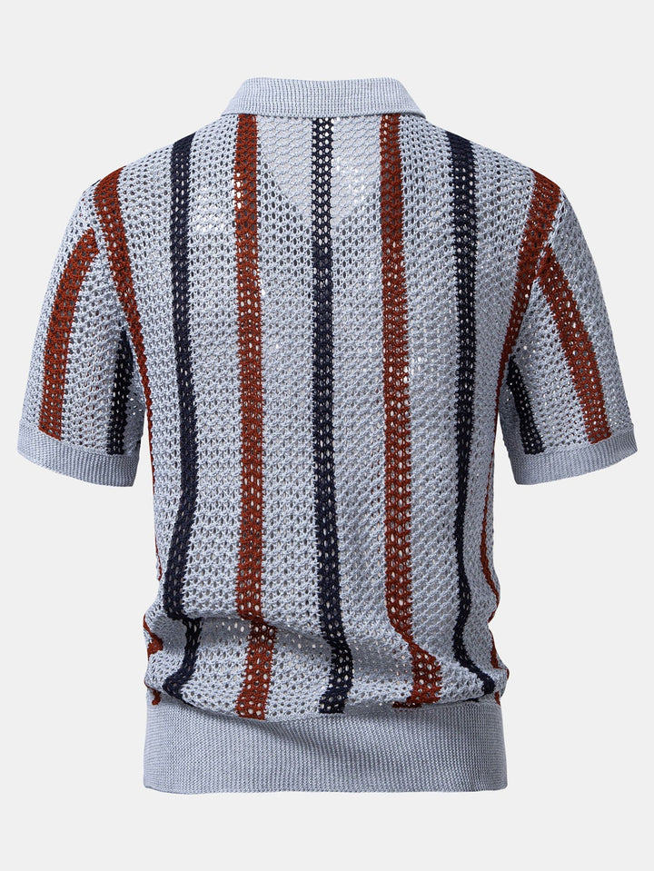Striped Crochet V Neck Polo & Straight Leg Linen Pants