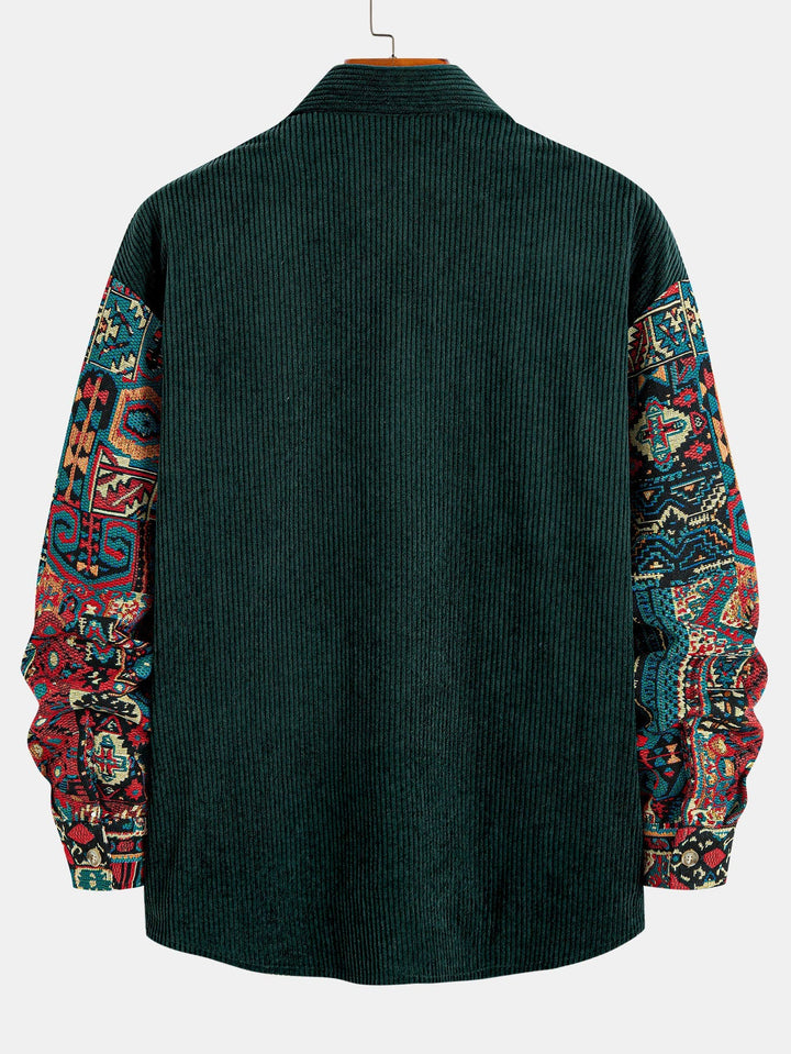 Ethnic Geometric Jacquard Patchwork Corduroy Shirt