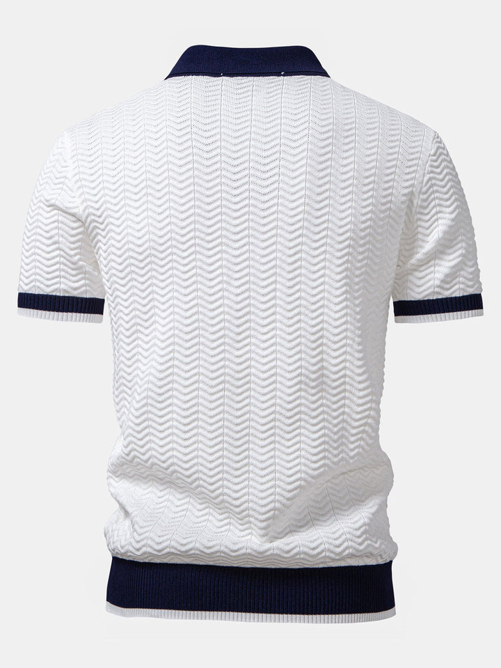 Texture Contrast Knitted V Neck Polo Shirt & Slim Fit Tapered Trousers