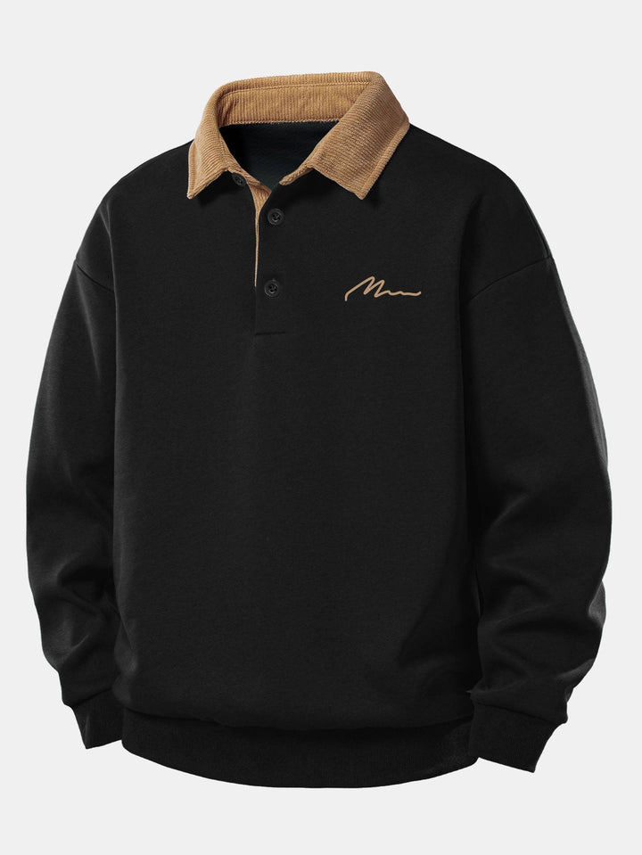 Relax Fit Men Print Contrast Corduroy Polo Collar Sweatshirt