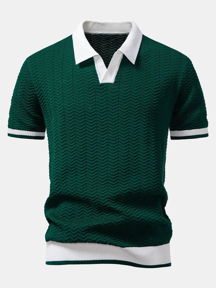 Texture Contrast Knitted V Neck Polo Shirt & Slim Fit Tapered Trousers