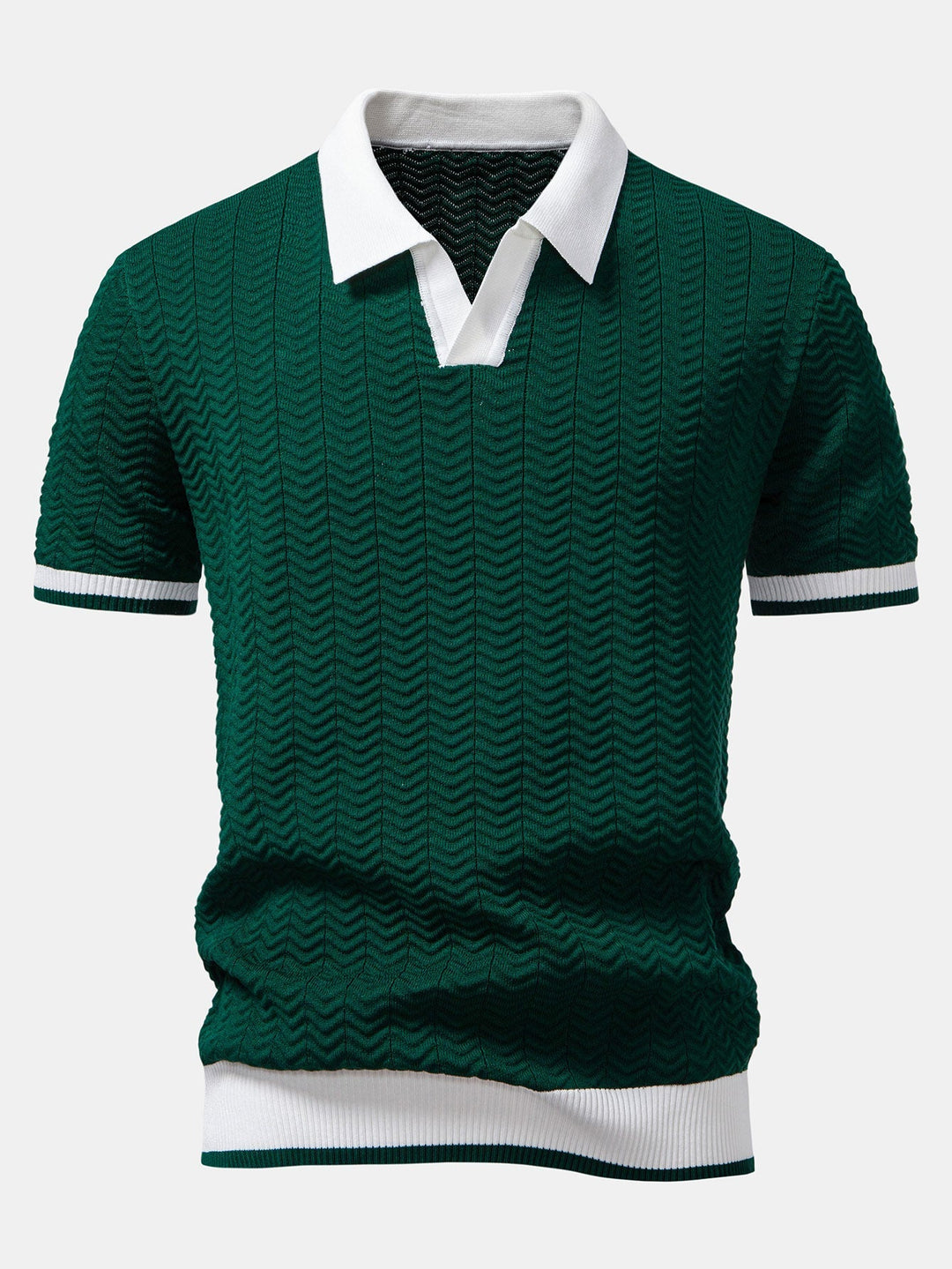 Texture Contrast Knitted V Neck Polo Shirt
