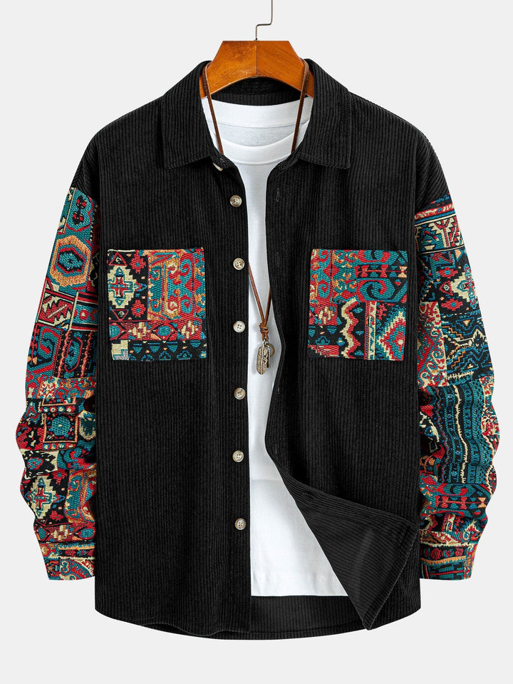 Ethnic Geometric Jacquard Patchwork Corduroy Shirt