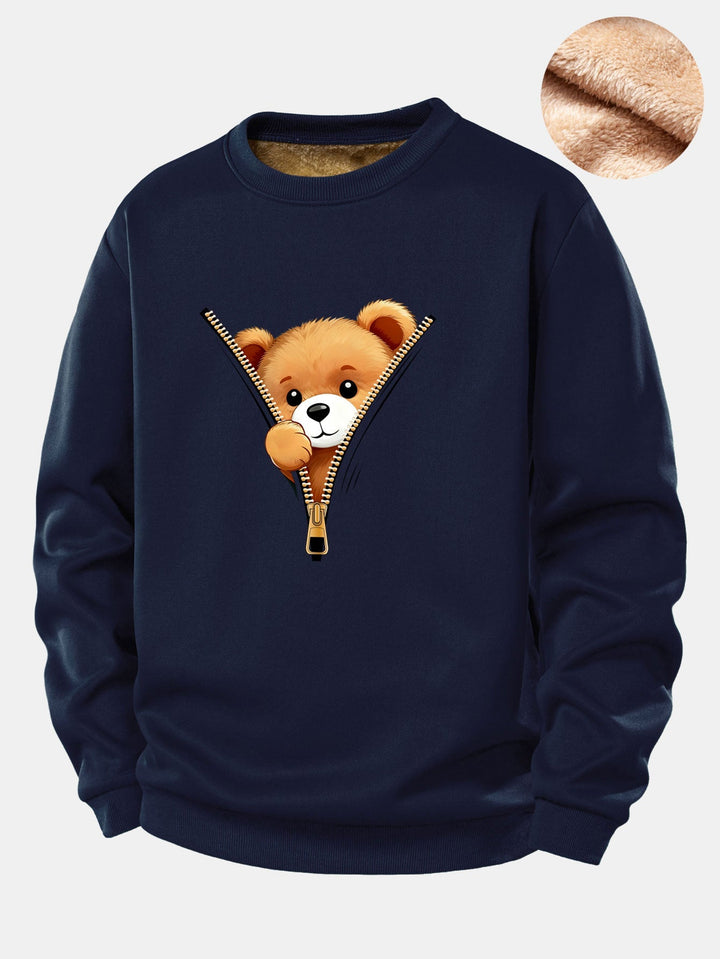 Zipper Bear Print Teddy Fleece Lined Sweatshirt