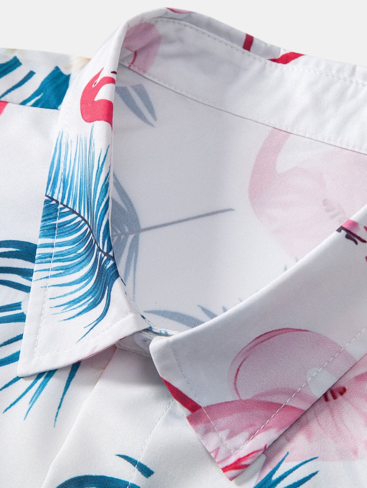 Flamingo Leaf Print Button Up Shirt & Swim Shorts