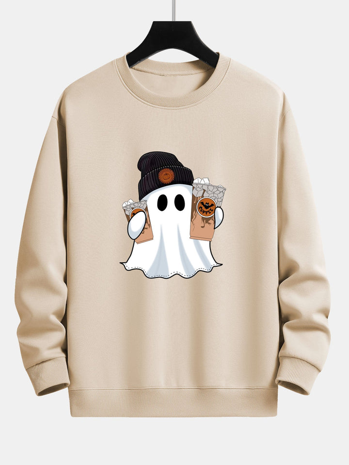 Halloween Ghost Coffee Print Relax Fit Sweatshirt