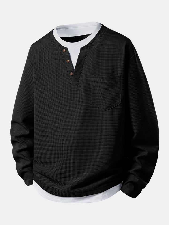 2 In 1 Button V-Neck Waffle T-Shirt With Pocket