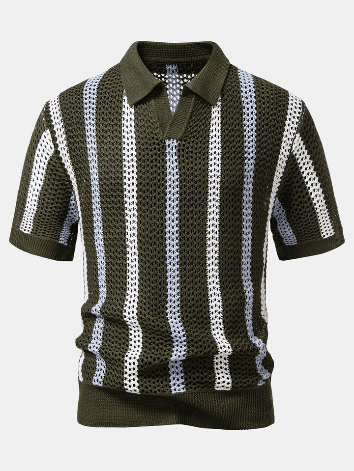 Striped Crochet V Neck Polo & Straight Leg Linen Pants
