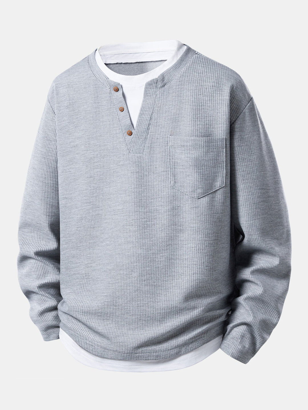 2 In 1 Button V-Neck Waffle T-Shirt With Pocket