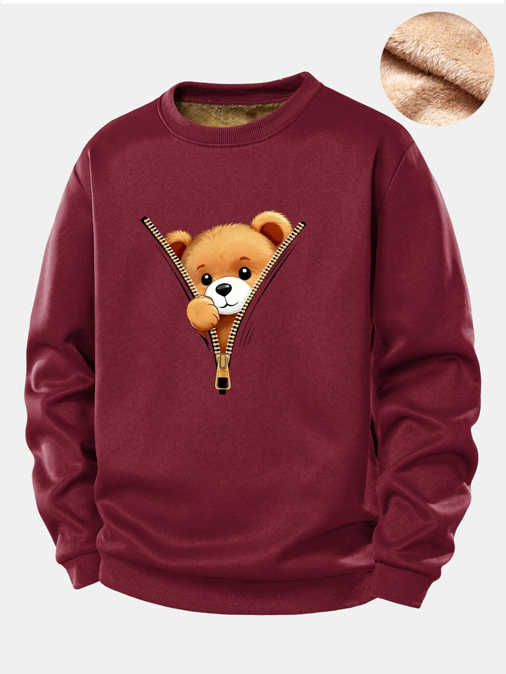 Zipper Bear Print Teddy Fleece Lined Sweatshirt
