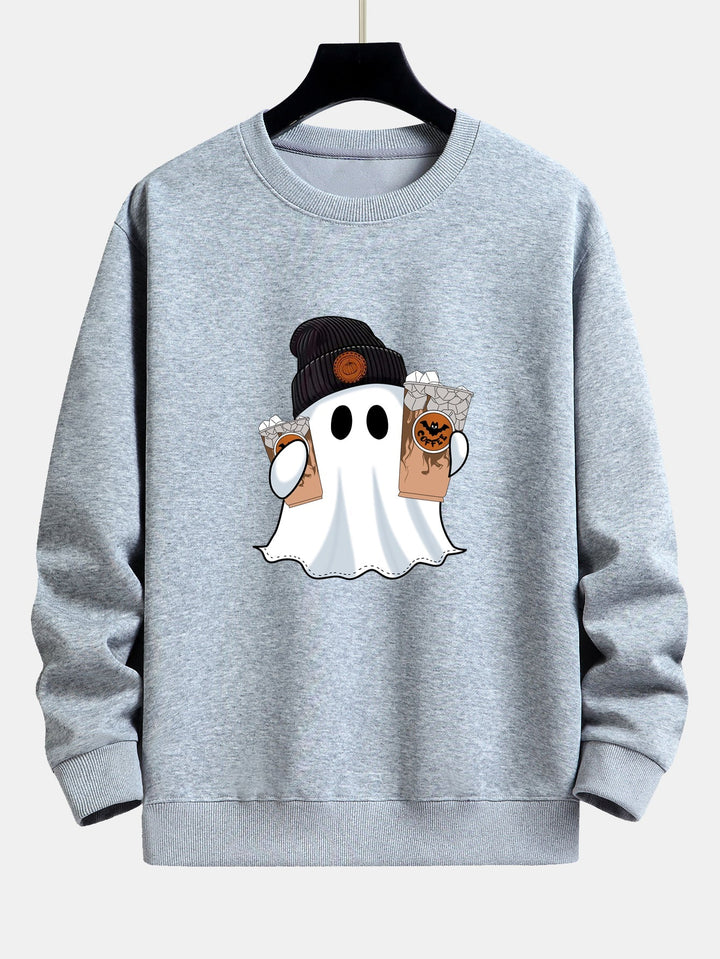 Halloween Ghost Coffee Print Relax Fit Sweatshirt