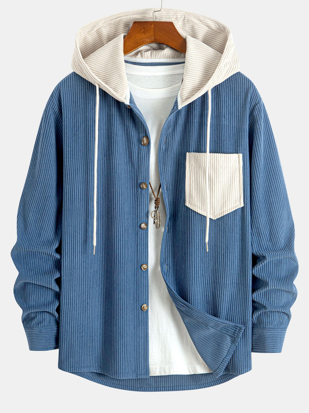 Long Sleeved Contrast Corduroy Hooded Shirt & Straight Leg Corduroy Pants