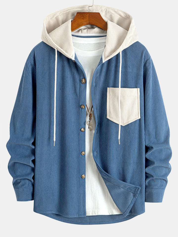 Long Sleeved Contrast Corduroy Hooded Shirt & Straight Leg Corduroy Pants