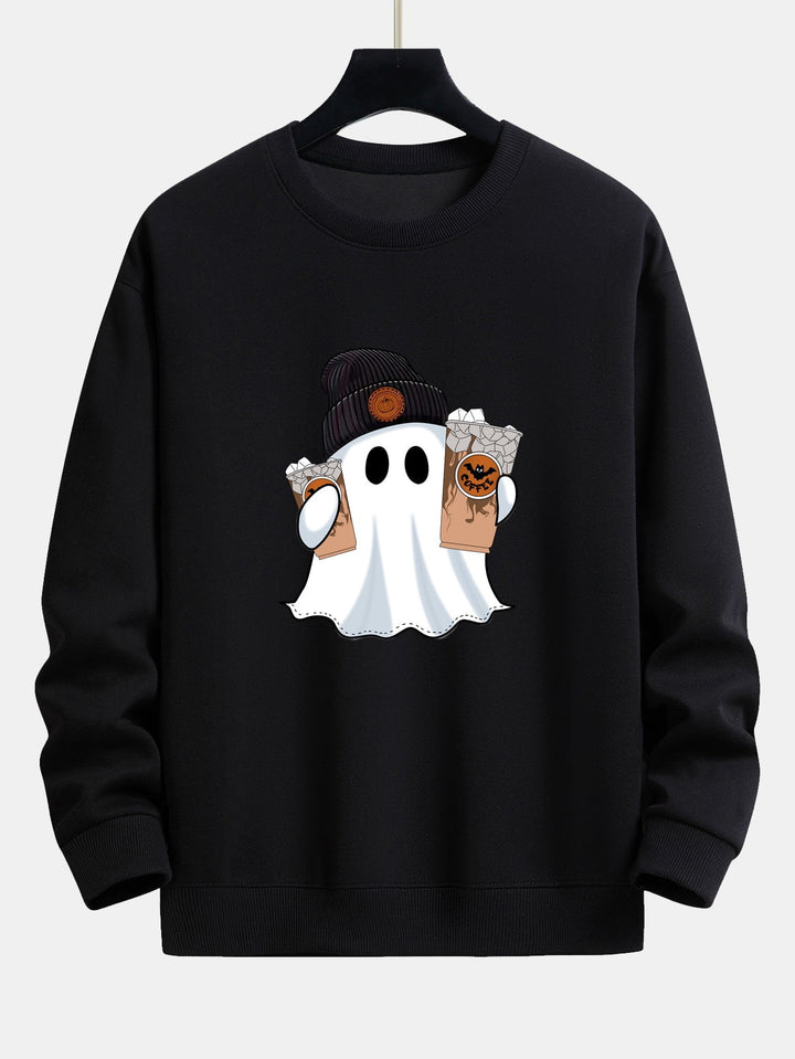 Halloween Ghost Coffee Print Relax Fit Sweatshirt