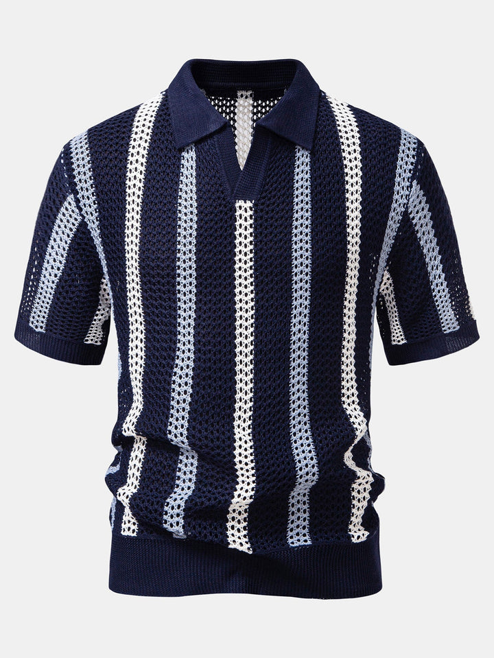 Striped Crochet V Neck Polo & Straight Leg Linen Pants