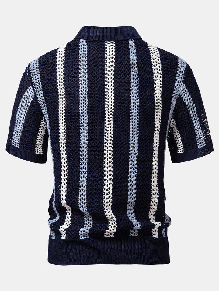 Striped Crochet V Neck Polo & Straight Leg Linen Pants