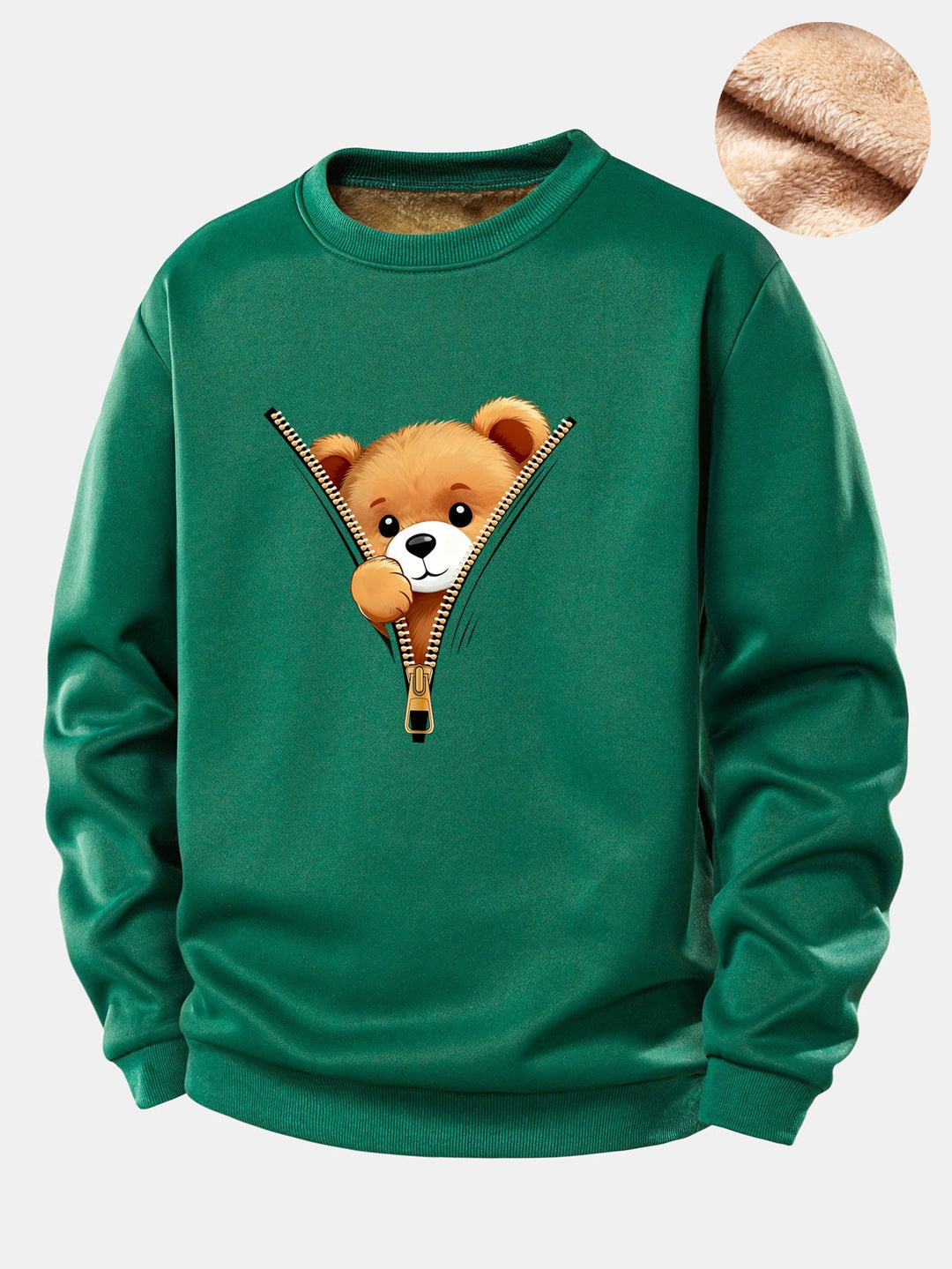 Zipper Bear Print Teddy Fleece Lined Sweatshirt
