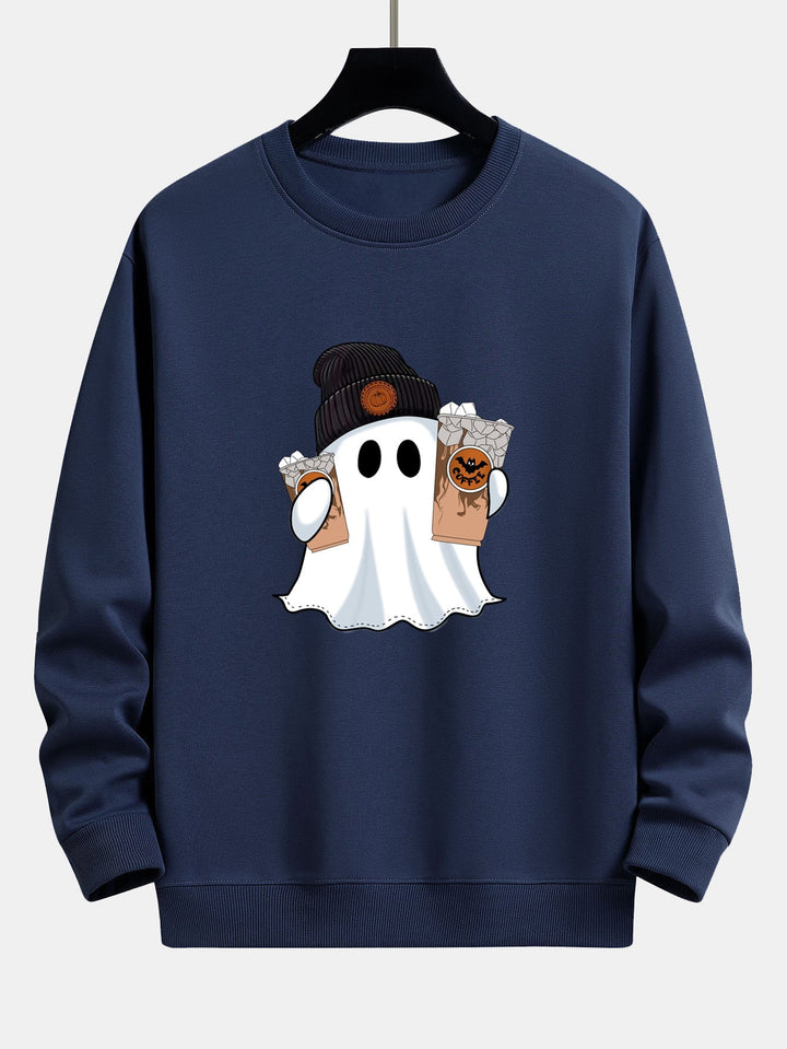 Halloween Ghost Coffee Print Relax Fit Sweatshirt